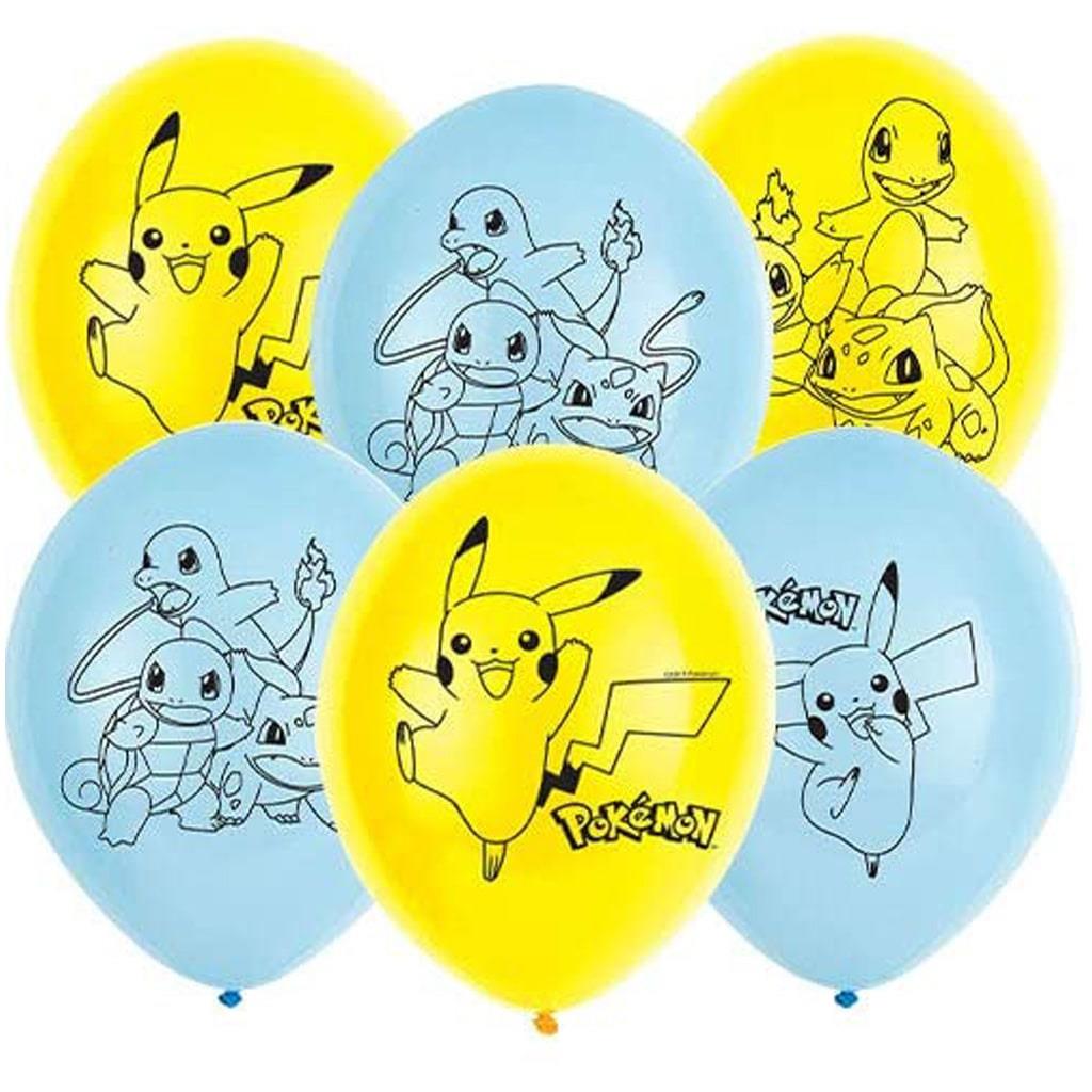 Balões Pokémon Amarelos e Azuis Látex, 6 unid.