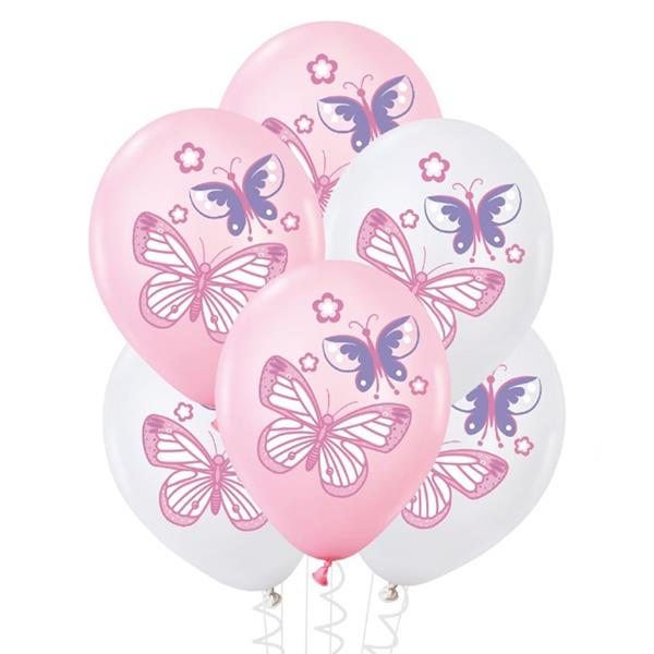 Balões Rosa e Brancos com Borboletas Látex, 6 unid.