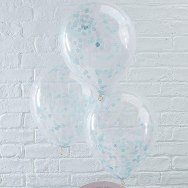 Balões Transparentes com Confetis Azul Látex, 5 unid.