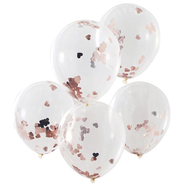 Balões Transparentes com Confetis Corações Rosa Gold, 5 unid.