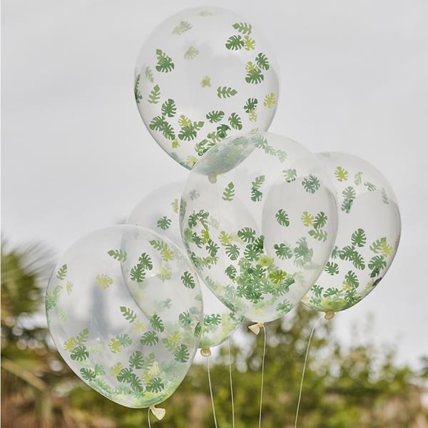 Balões Transparentes com Confetis Folhas Látex, 5 unid.