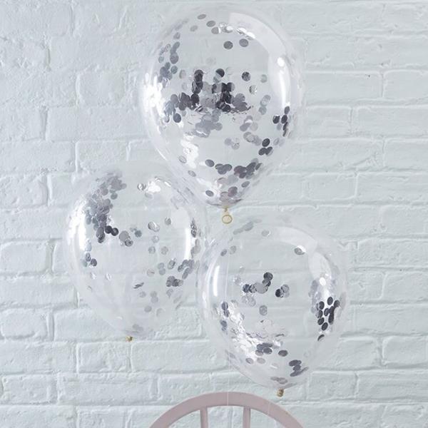Balões Transparentes com Confetis Prateados Látex, 5 unid.
