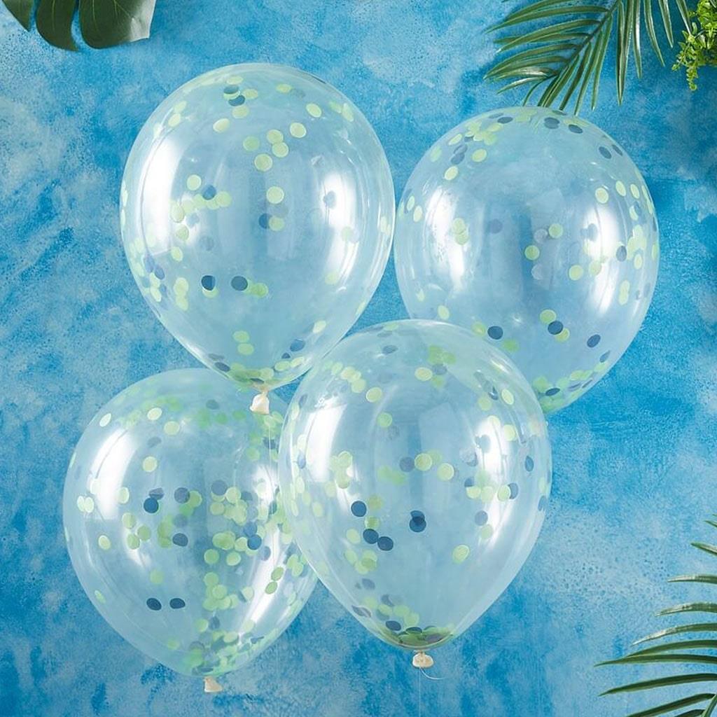 Balões Transparentes com Confetis Verdes e Azuis Látex, 5 unid.