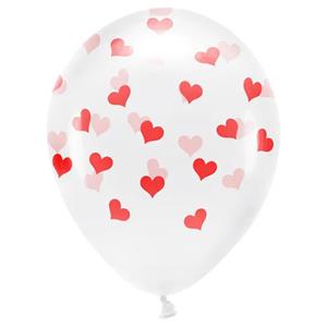 Balões Transparentes com Corações Vermelhos Látex, 6 unid.