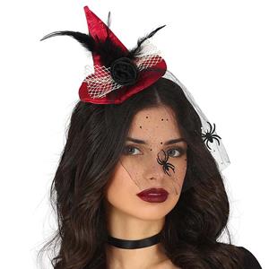 Bandolete Mini Chapéu de Bruxa Vermelho com Véu e Aranhas