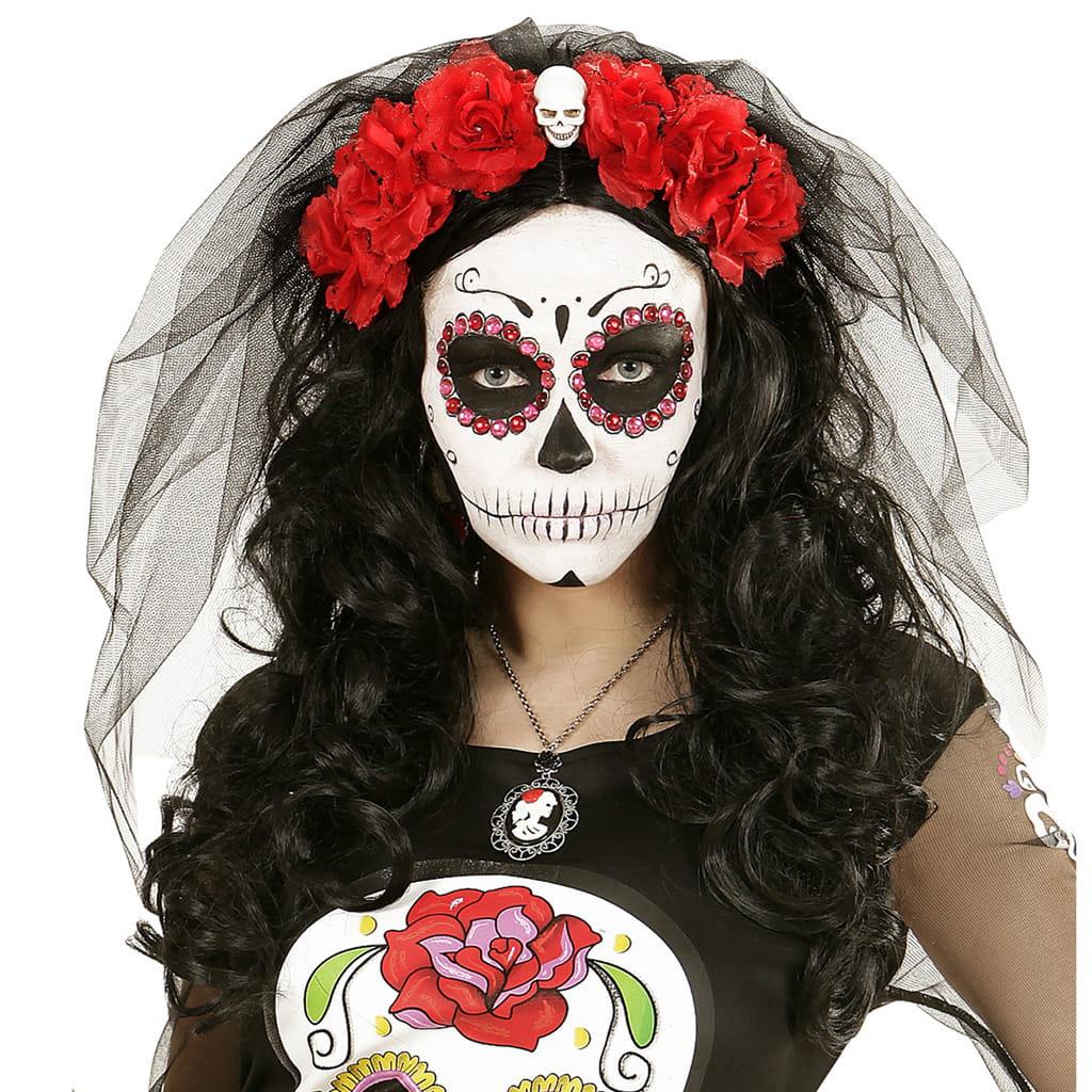 Bandolete Rosas Vermelhas com Caveira e Véu Bandolete Rosas Vermelhas com Caveira e Véu