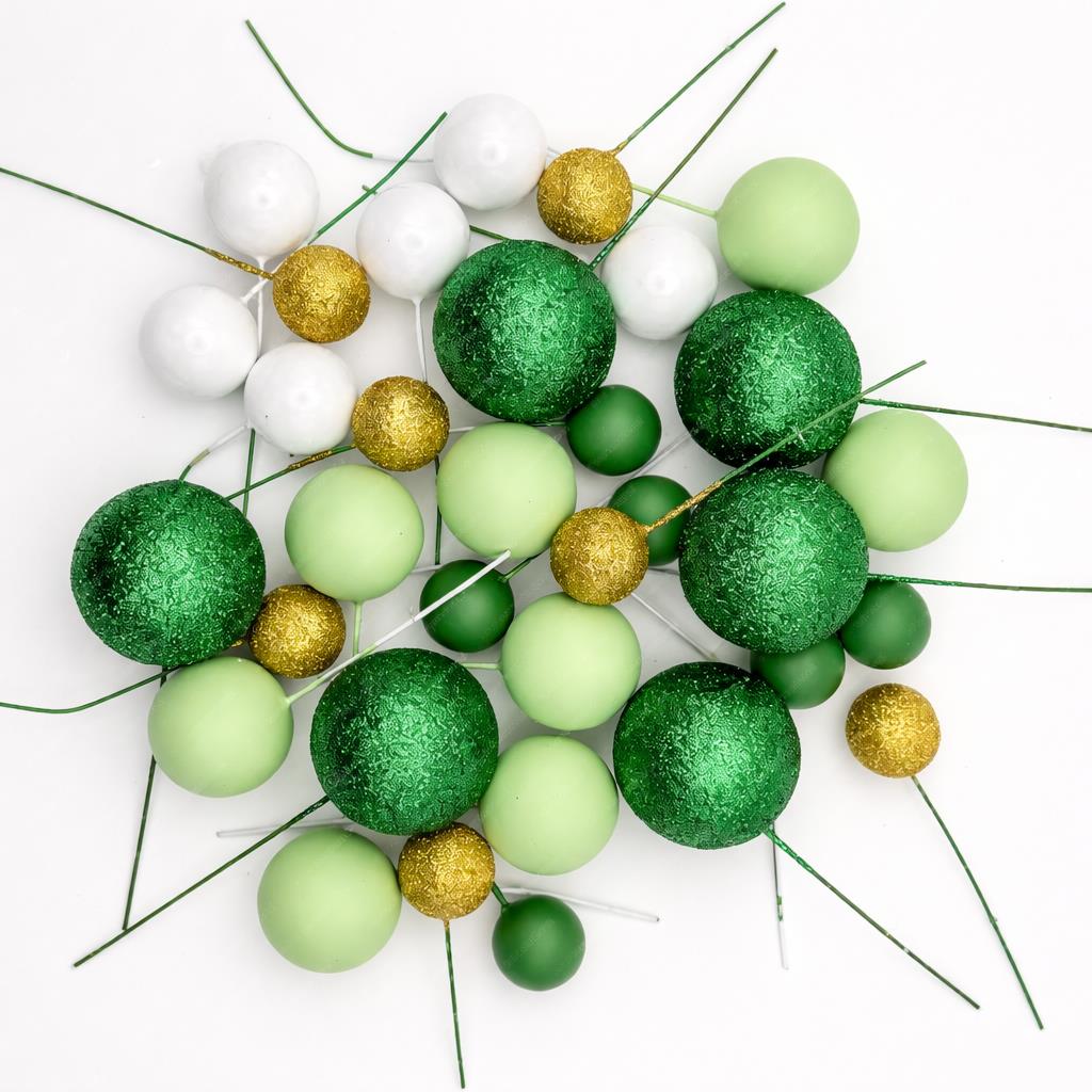Bolas em Esferovite Verde, Dourado e Branco Decorativas