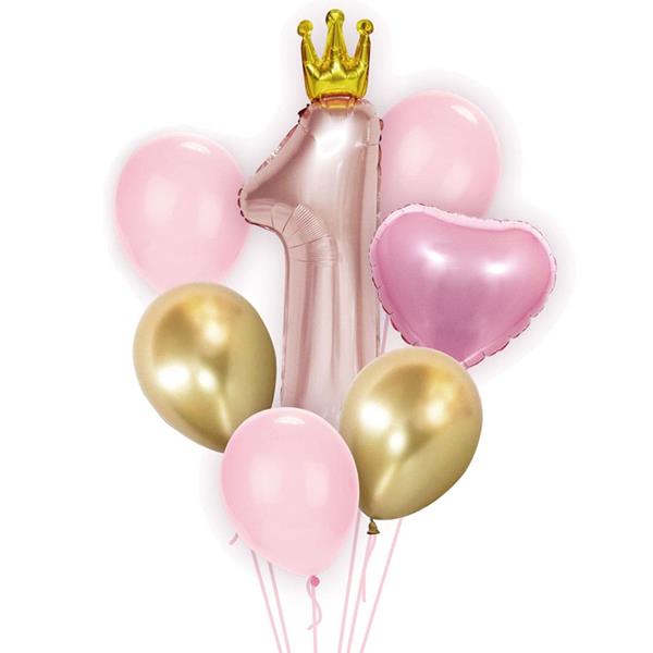 Bouquet de Balões Número 1 Rosa com Coroa Dourada