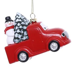 Carrinho com Boneco de Neve e Pinheiro para Pendurar, 9 cm