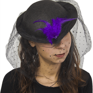 Chapéu Preto com Rede e Pluma Roxa