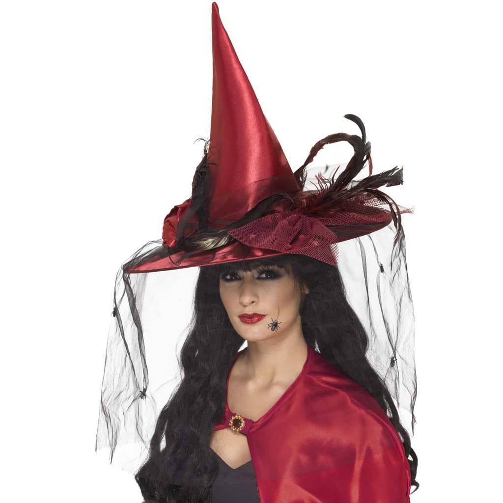 Chapéu Bruxa Vermelho com Véu e Aranhas Chapéu Bruxa Vermelho com Véu e Aranhas