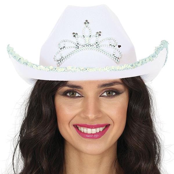 Chapéu Cowgirl Branco com Tiara e Lantejoulas, Adulto