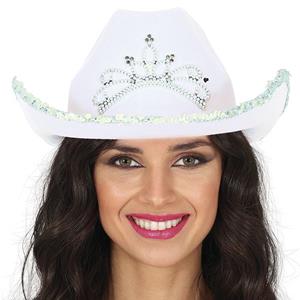 Chapéu Cowgirl Branco com Tiara e Lantejoulas, Adulto