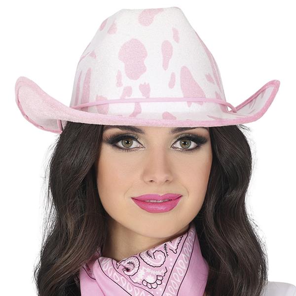 Chapéu Cowgirl com Padrão Vaca Rosa