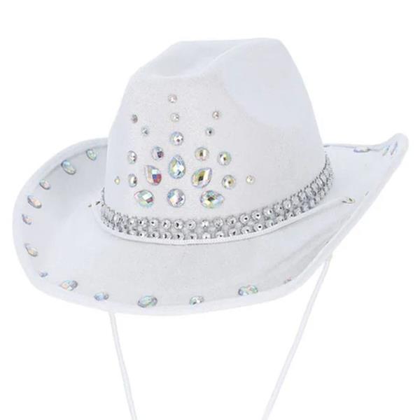 Chapéu de Cowgirl Branco com Brilhantes e Ajustável