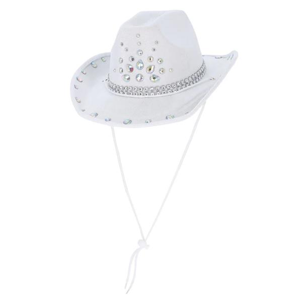 Chapéu de Cowgirl Branco com Brilhantes e Ajustável