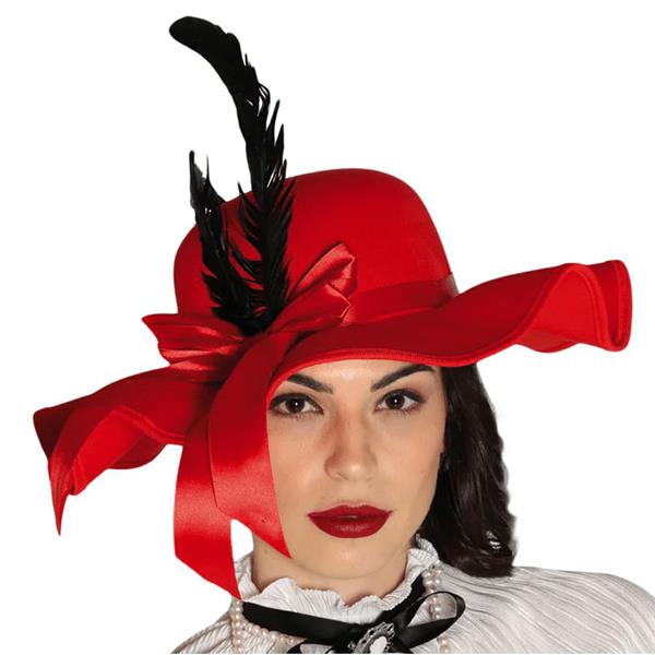 Chapéu Vermelho Elegante com Pena Preta