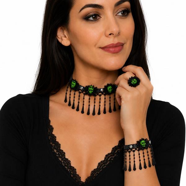 Colar, Pulseira e Anel Caveiras Verdes