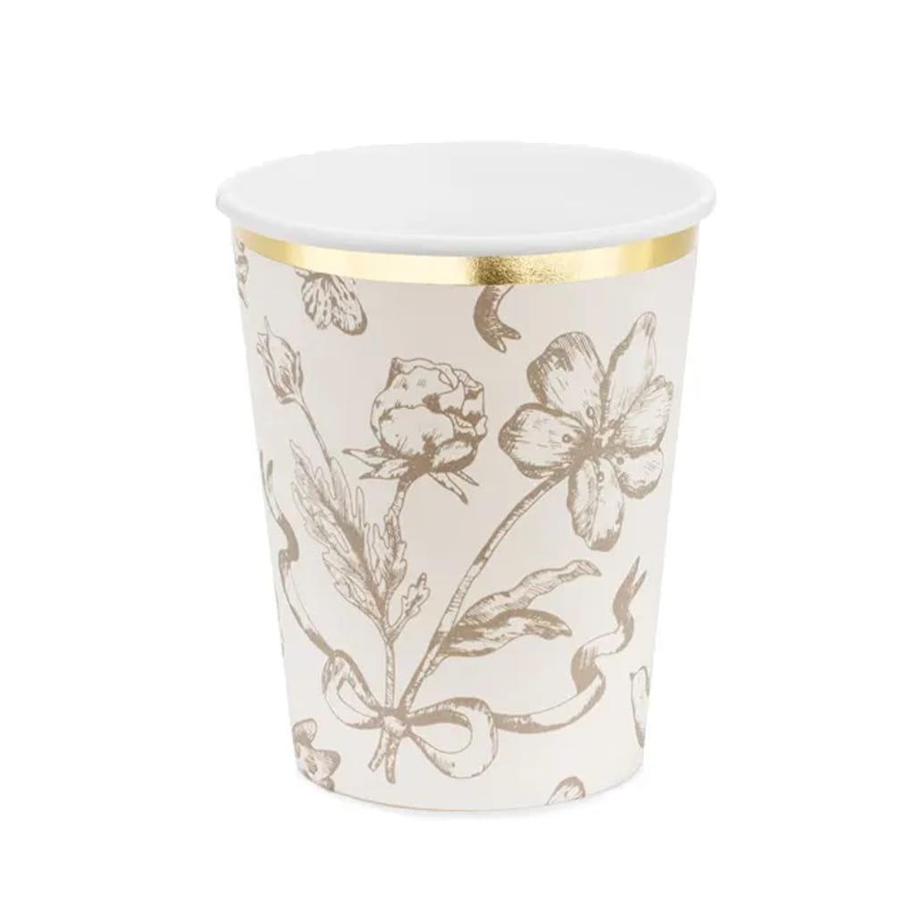 Copos Bege com Flores Estampadas e Rebordo Dourado, 6 unid.