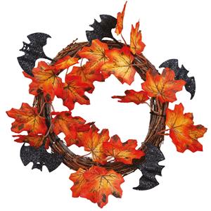 Coroa de Halloween Decorativa com Folhas Laranjas e Morcegos