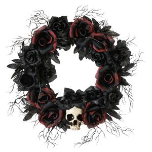 Coroa de Halloween Decorativa com Rosas Negras e Caveiras