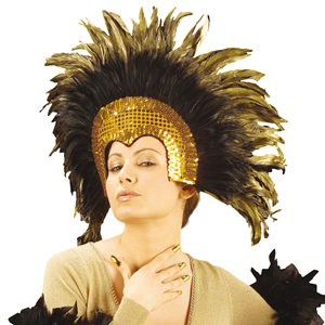 Coroa de Plumas Pretas e Lantejoulas Douradas