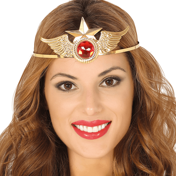 Diadema Super Heroína Dourado com Rubi