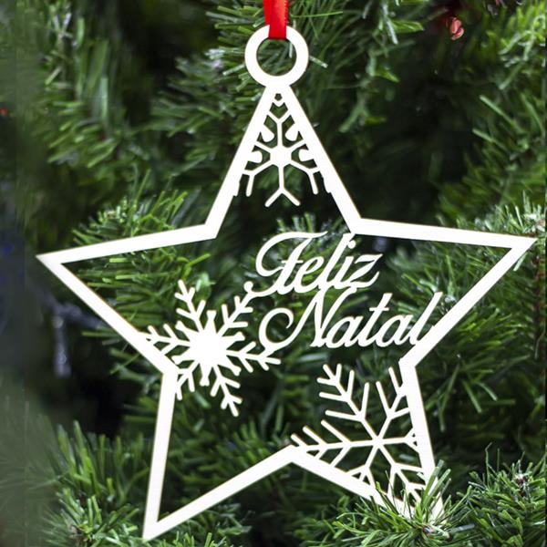 Estrela Feliz Natal em Madeira, 20 cm