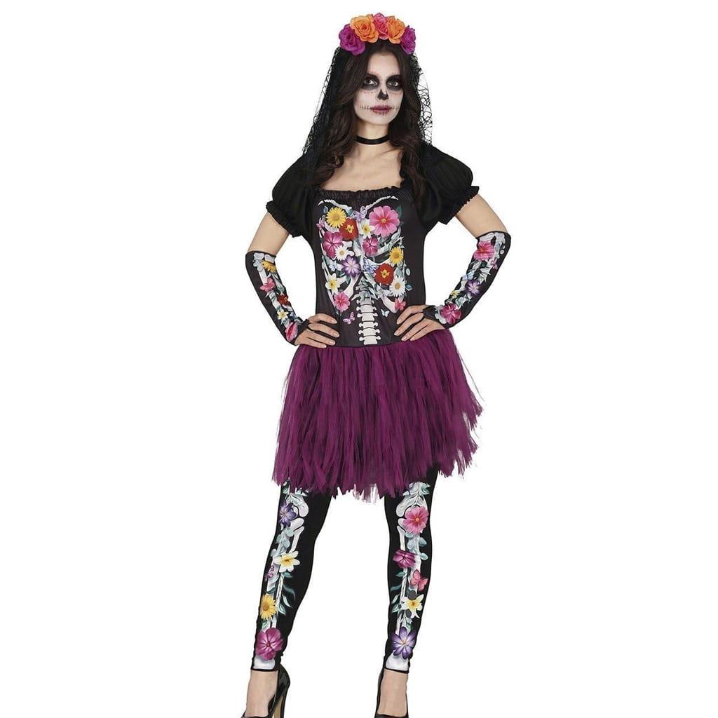 Fato Catrina Mexicana com Flores, Adulto Fato Catrina Mexicana com Flores, Adulto