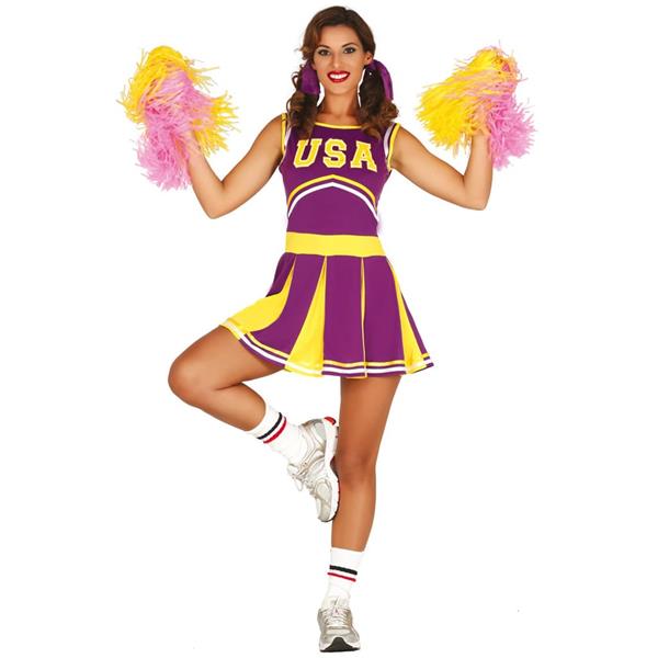 Fato Cheerleader Roxo e Amarelo USA, Adulto