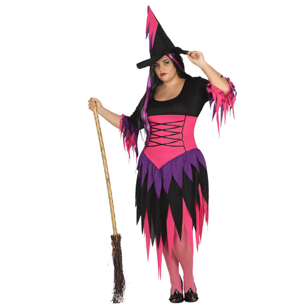 Fato Halloween de Bruxa Rosa e Roxo com Chapéu, Adulto