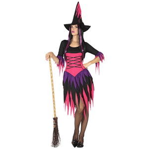 Fato Halloween de Bruxa Rosa e Roxo com Chapéu, Adulto