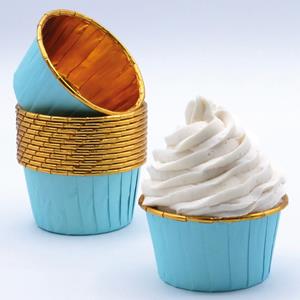 Formas Cupcake Azul Claro e Dourado, 24 unid.
