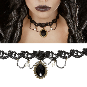 Gargantilha Gótica com Pedra Preta e Correntes
