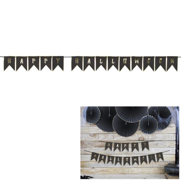 Grinalda Banner Happy Halloween Preta e Dourada, 2 mt