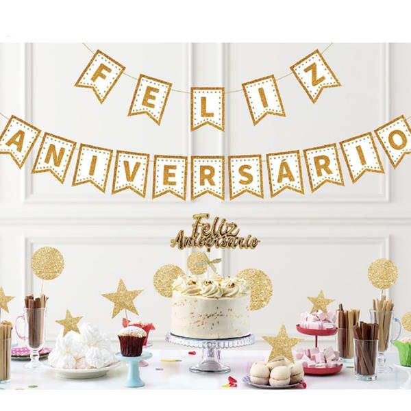 Grinalda Feliz Aniversário Branco e Dourado, 5 mt
