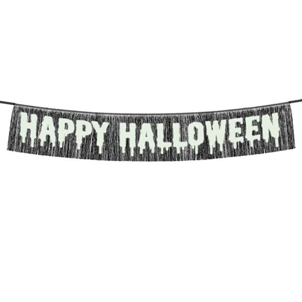 Grinalda Happy Halloween Glow com Franjas Pretas, 1,50 mt