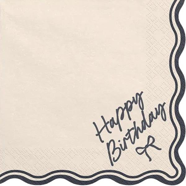 Guardanapos Happy Birthday Creme com Laço e Rebordo Preto, 12 unid.