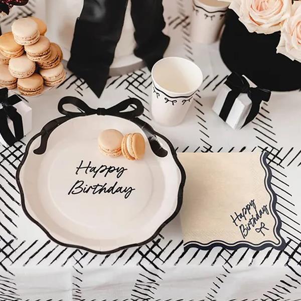 Guardanapos Happy Birthday Creme com Laço e Rebordo Preto, 12 unid.