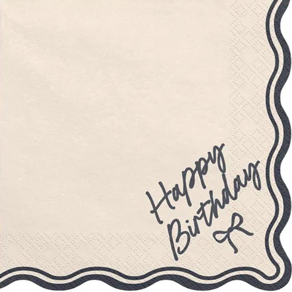 Guardanapos Happy Birthday Creme com Laço e Rebordo Preto, 12 unid.