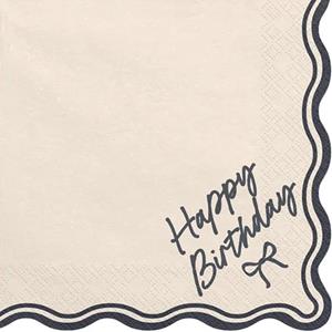 Guardanapos Happy Birthday Creme com Laço e Rebordo Preto, 12 unid.