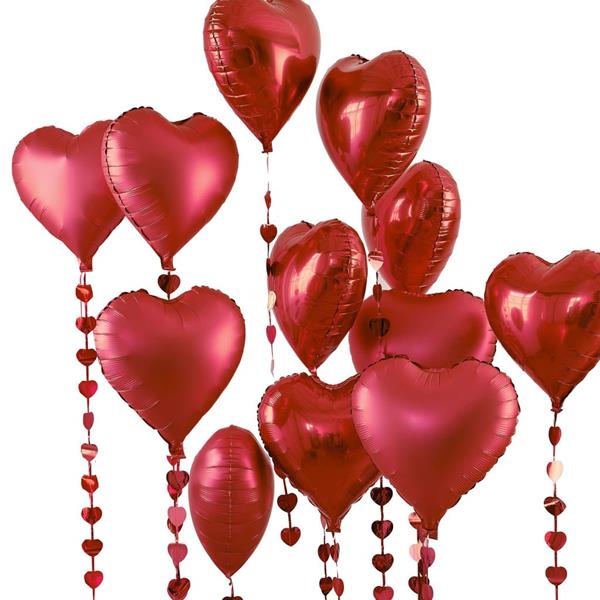 Kit 12 Balões Corações Vermelhos Foil com Fitas
