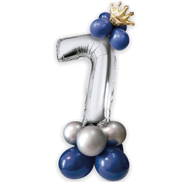 Kit Balões Látex e Número 7 Prateado com Coroa