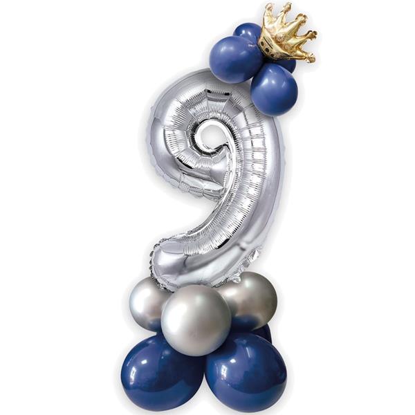 Kit Balões Látex e Número 9 Prateado com Coroa