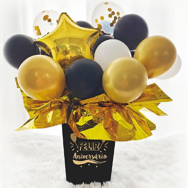 Kit Bouquet de Balões com Caixa Feliz Aniversário Dourado