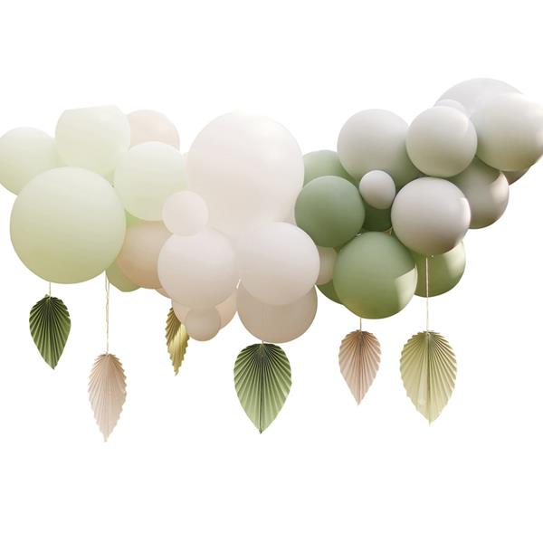 Kit Grinalda Balões Verde Sálvia e Folhas de Papel Decorativas