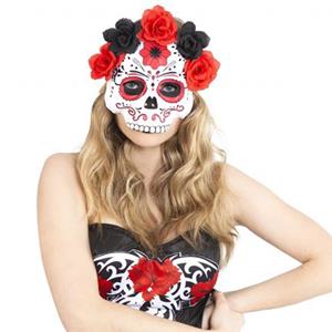 Máscara Catrina com Flores Vermelhas e Pretas