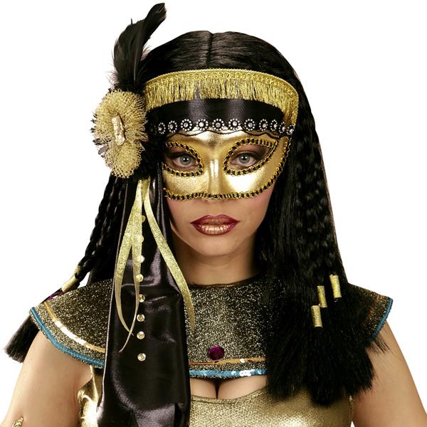 Máscara Cleópatra Dourada com Fita e Penas