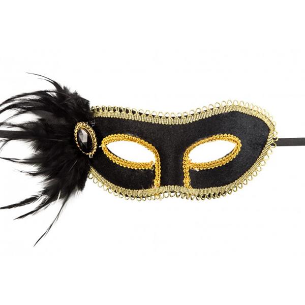 Mascarilha Aveludada Preta com Penas e Pedra Preciosa