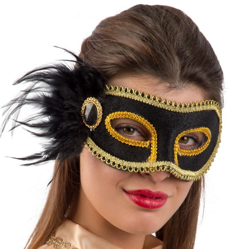 Mascarilha Aveludada Preta com Penas e Pedra Preciosa Mascarilha Aveludada Preta com Penas e Pedra Preciosa